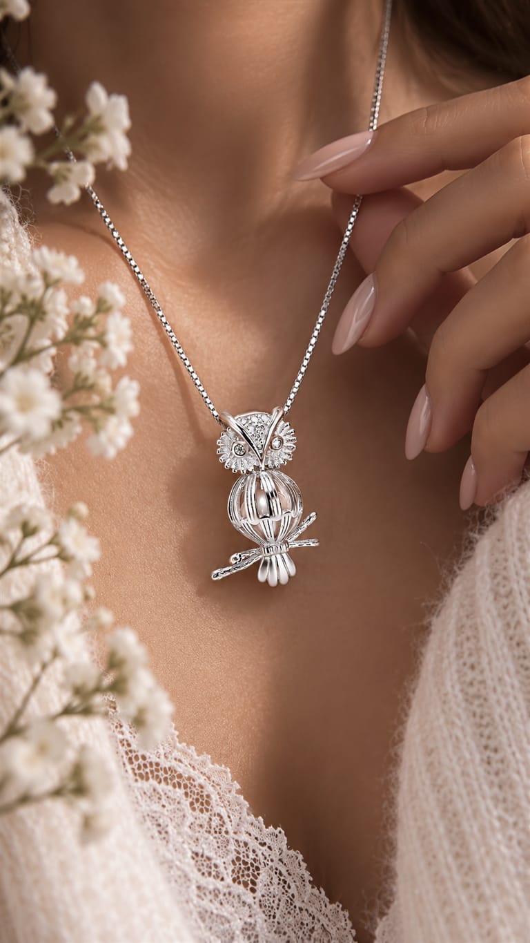 Gold pearl cage pendant held gently in hand