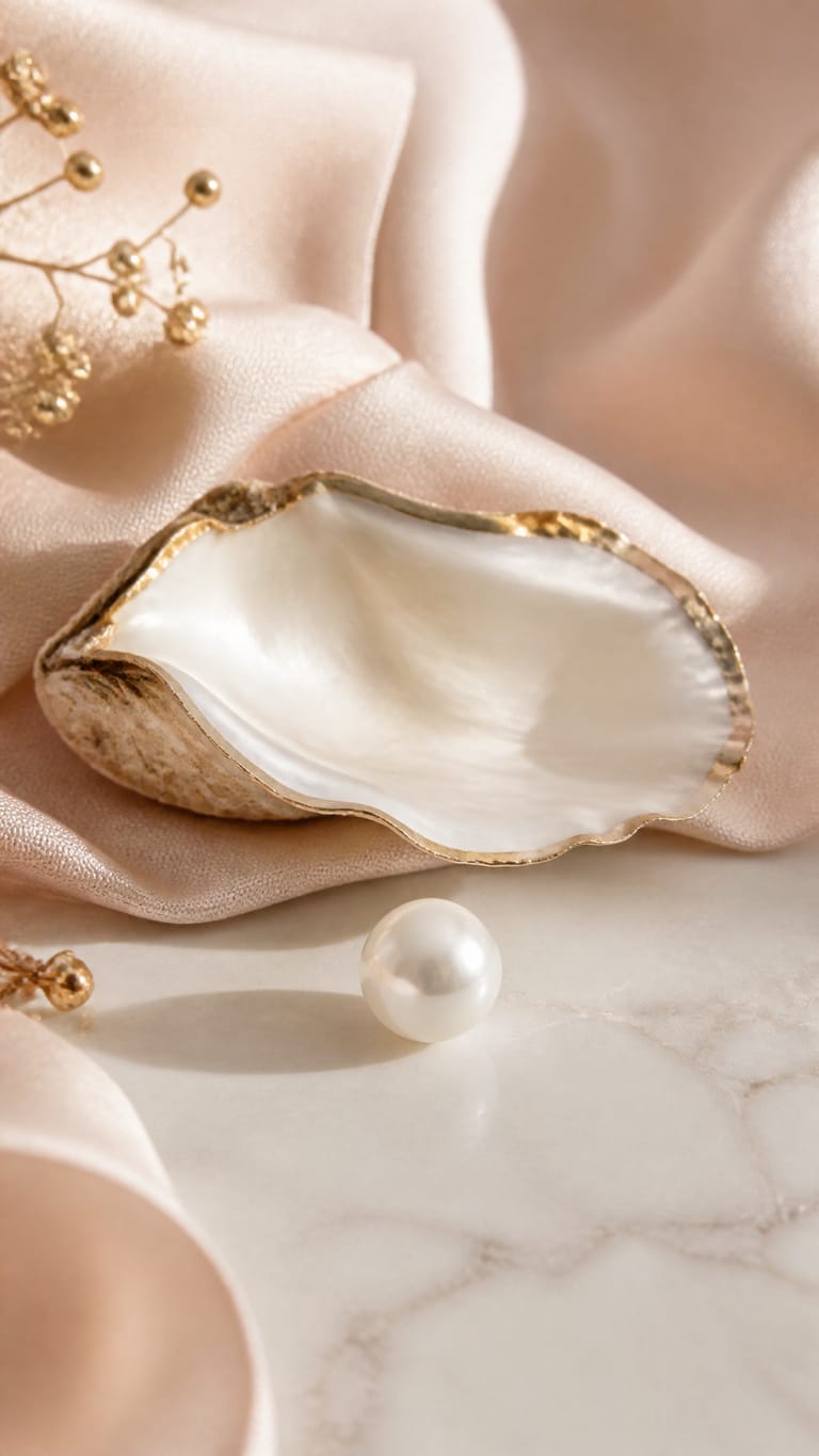 Pearl oyster shell and lustrous pearl styled on blush silk with gold accents