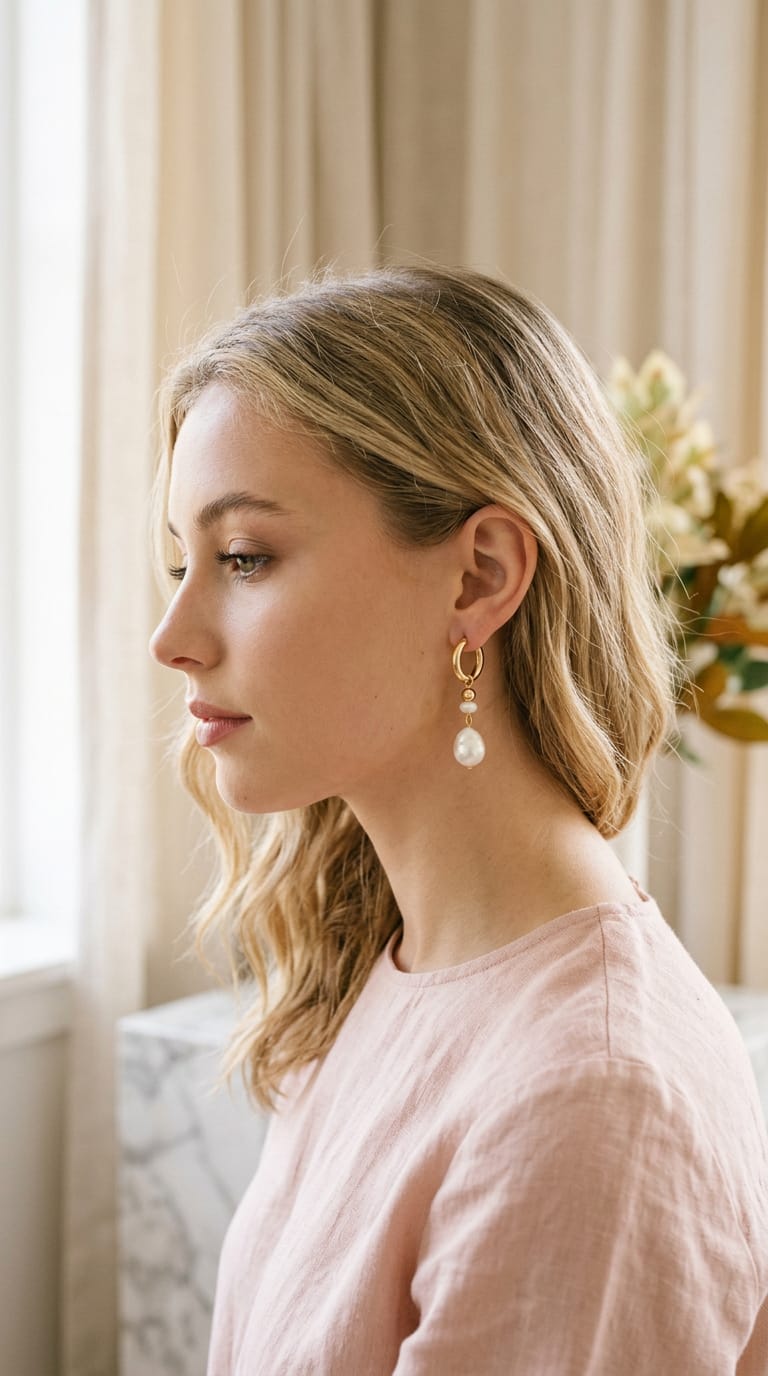 Model wearing gold and pearl drop earrings in profile
