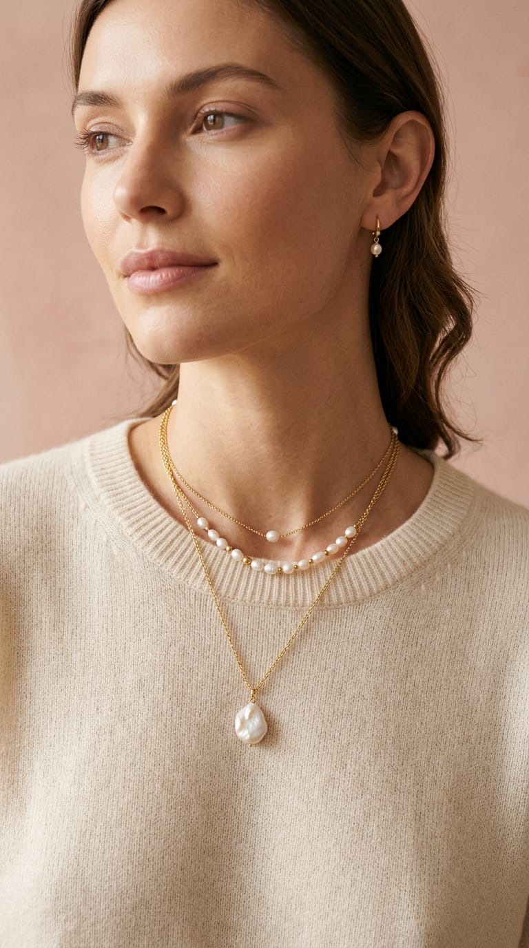 Model wearing layered gold and pearl necklaces